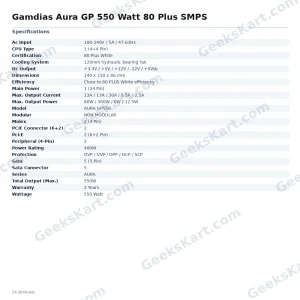 Gamdias Aura GP 550 Watt 80 Plus SMPS