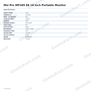 Msi Pro MP165 E6 16 Inch Portable Monitor
