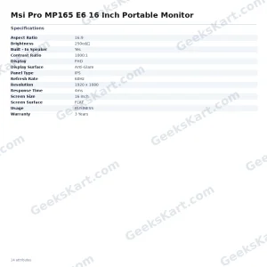Msi Pro MP165 E6 16 Inch Portable Monitor