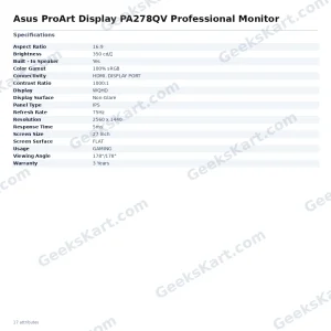 Asus ProArt Display PA278QV Professional Monitor