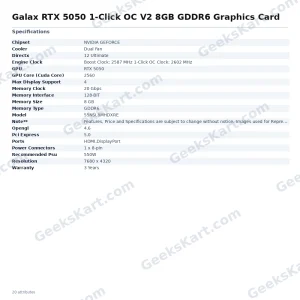 Galax RTX 5050 1-Click OC V2 8GB GDDR6 Graphics Card