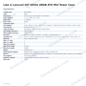 Lian Li Lancool 207 White ARGB ATX Mid Tower Case