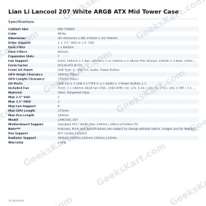 Lian Li Lancool 207 White ARGB ATX Mid Tower Case