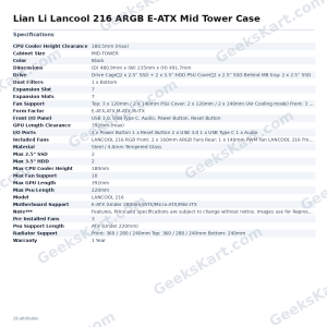 Lian Li Lancool 216 ARGB E-ATX Mid Tower Case