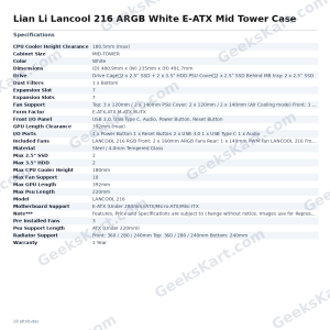 Lian Li Lancool 216 ARGB White E-ATX Mid Tower Case