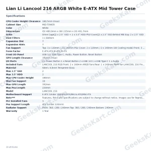 Lian Li Lancool 216 ARGB White E-ATX Mid Tower Case