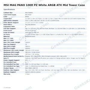 MSI MAG PANO 100R PZ White ARGB ATX Mid Tower Case