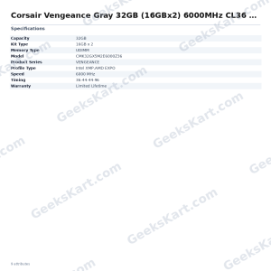Corsair Vengeance Gray 32GB (16GBx2) 6000MHz CL36 DDR5 RAM