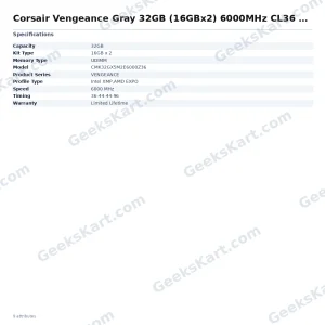 Corsair Vengeance Gray 32GB (16GBx2) 6000MHz CL36 DDR5 RAM
