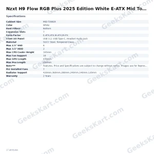 Nzxt H9 Flow RGB Plus 2025 Edition White E-ATX Mid Tower Case