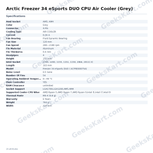 Arctic Freezer 34 eSports DUO CPU Air Cooler (Grey)