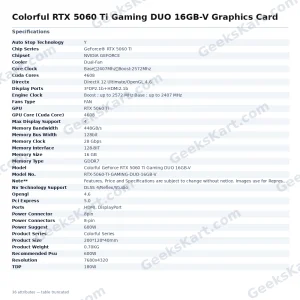 Colorful RTX 5060 Ti Gaming DUO 16GB-V Graphics Card