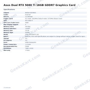 Asus Dual RTX 5060 Ti 16GB GDDR7 Graphics Card