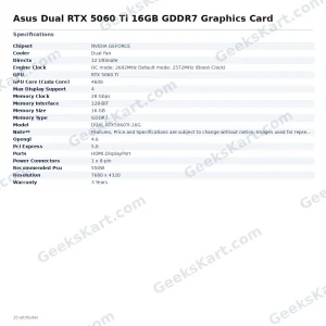 Asus Dual RTX 5060 Ti 16GB GDDR7 Graphics Card