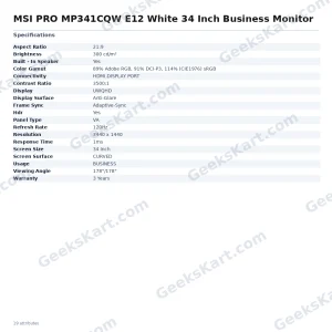 MSI PRO MP341CQW E12 White 34 Inch Business Monitor