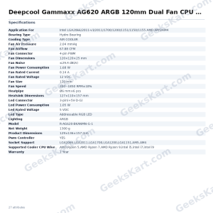 Deepcool Gammaxx AG620 ARGB 120mm Dual Fan CPU Air Cooler