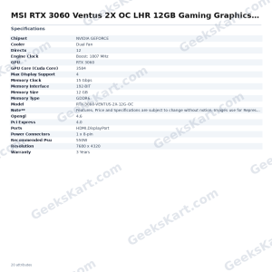 MSI RTX 3060 Ventus 2X OC LHR 12GB Gaming Graphics Card