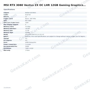 MSI RTX 3060 Ventus 2X OC LHR 12GB Gaming Graphics Card