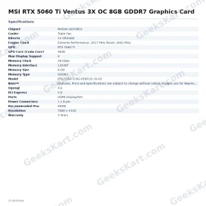 MSI RTX 5060 Ti Ventus 3X OC 8GB GDDR7 Graphics Card
