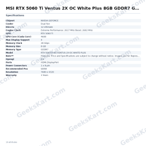 MSI RTX 5060 Ti Ventus 2X OC White Plus 8GB GDDR7 Graphics Card