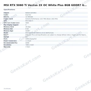 MSI RTX 5060 Ti Ventus 2X OC White Plus 8GB GDDR7 Graphics Card