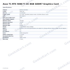Asus T1 RTX 5060 Ti OC 8GB GDDR7 Graphics Card