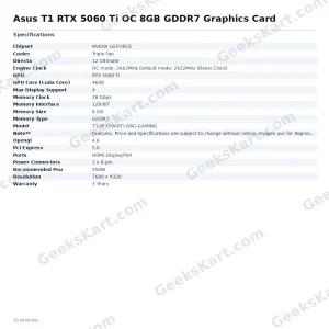 Asus T1 RTX 5060 Ti OC 8GB GDDR7 Graphics Card