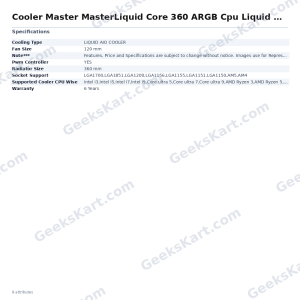 Cooler Master MasterLiquid Core 360 ARGB Cpu Liquid Cooler With 6 Inch LCD Display