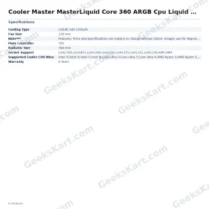 Cooler Master MasterLiquid Core 360 ARGB Cpu Liquid Cooler With 6 Inch LCD Display