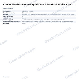 Cooler Master MasterLiquid Core 360 ARGB White Cpu Liquid Cooler With 6 Inch LCD Display