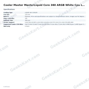 Cooler Master MasterLiquid Core 360 ARGB White Cpu Liquid Cooler With 6 Inch LCD Display