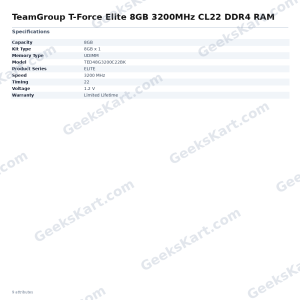 TeamGroup T-Force Elite 8GB 3200MHz CL22 DDR4 RAM