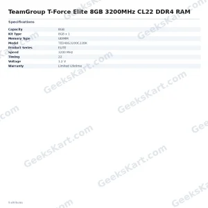 TeamGroup T-Force Elite 8GB 3200MHz CL22 DDR4 RAM