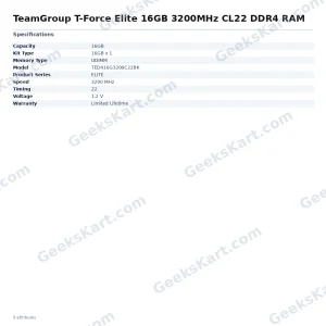 TeamGroup T-Force Elite 16GB 3200MHz CL22 DDR4 RAM