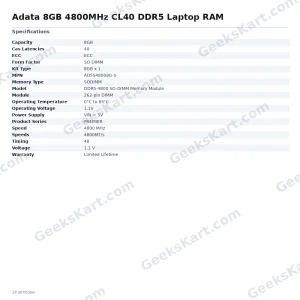 Adata 8GB 4800MHz CL40 DDR5 Laptop RAM