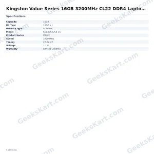 Kingston Value Series 16GB 3200MHz CL22 DDR4 Laptop RAM