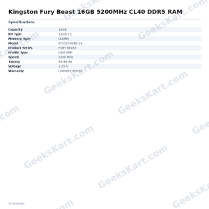 Kingston Fury Beast 16GB 5200MHz CL40 DDR5 RAM