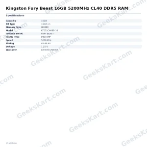 Kingston Fury Beast 16GB 5200MHz CL40 DDR5 RAM