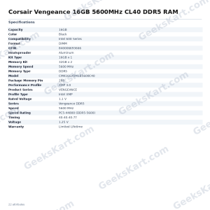 Corsair Vengeance 16GB 5600MHz CL40 DDR5 RAM