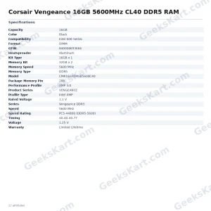 Corsair Vengeance 16GB 5600MHz CL40 DDR5 RAM