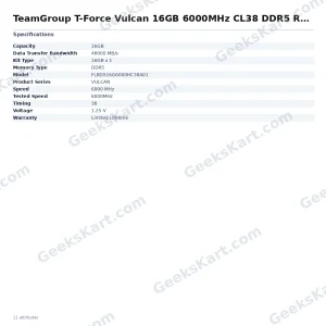 TeamGroup T-Force Vulcan 16GB 6000MHz CL38 DDR5 RAM