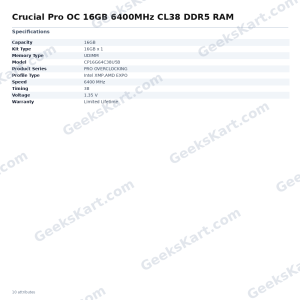 Crucial Pro OC 16GB 6400MHz CL38 DDR5 RAM