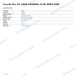 Crucial Pro OC 16GB 6400MHz CL38 DDR5 RAM