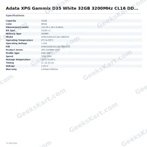 Adata XPG Gammix D35 White 32GB 3200MHz CL16 DDR4 RAM