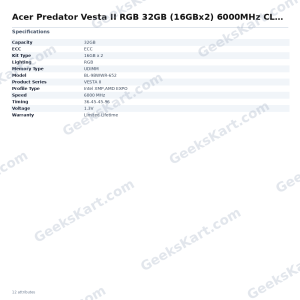 Acer Predator Vesta II RGB 32GB (16GBx2) 6000MHz CL36 DDR5 RAM