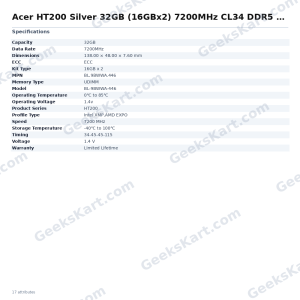 Acer HT200 Silver 32GB (16GBx2) 7200MHz CL34 DDR5 RAM