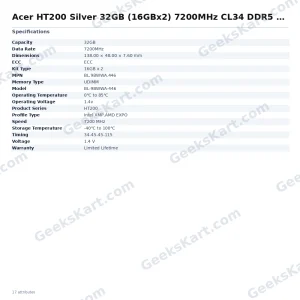 Acer HT200 Silver 32GB (16GBx2) 7200MHz CL34 DDR5 RAM