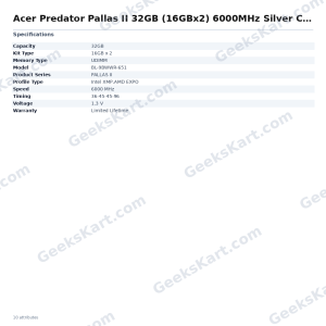 Acer Predator Pallas II 32GB (16GBx2) 6000MHz Silver CL34 DDR5 RAM