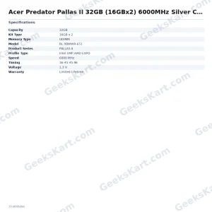 Acer Predator Pallas II 32GB (16GBx2) 6000MHz Silver CL34 DDR5 RAM
