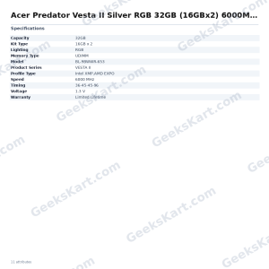 Acer Predator Vesta II Silver RGB 32GB (16GBx2) 6000MHz CL36 DDR5 RAM